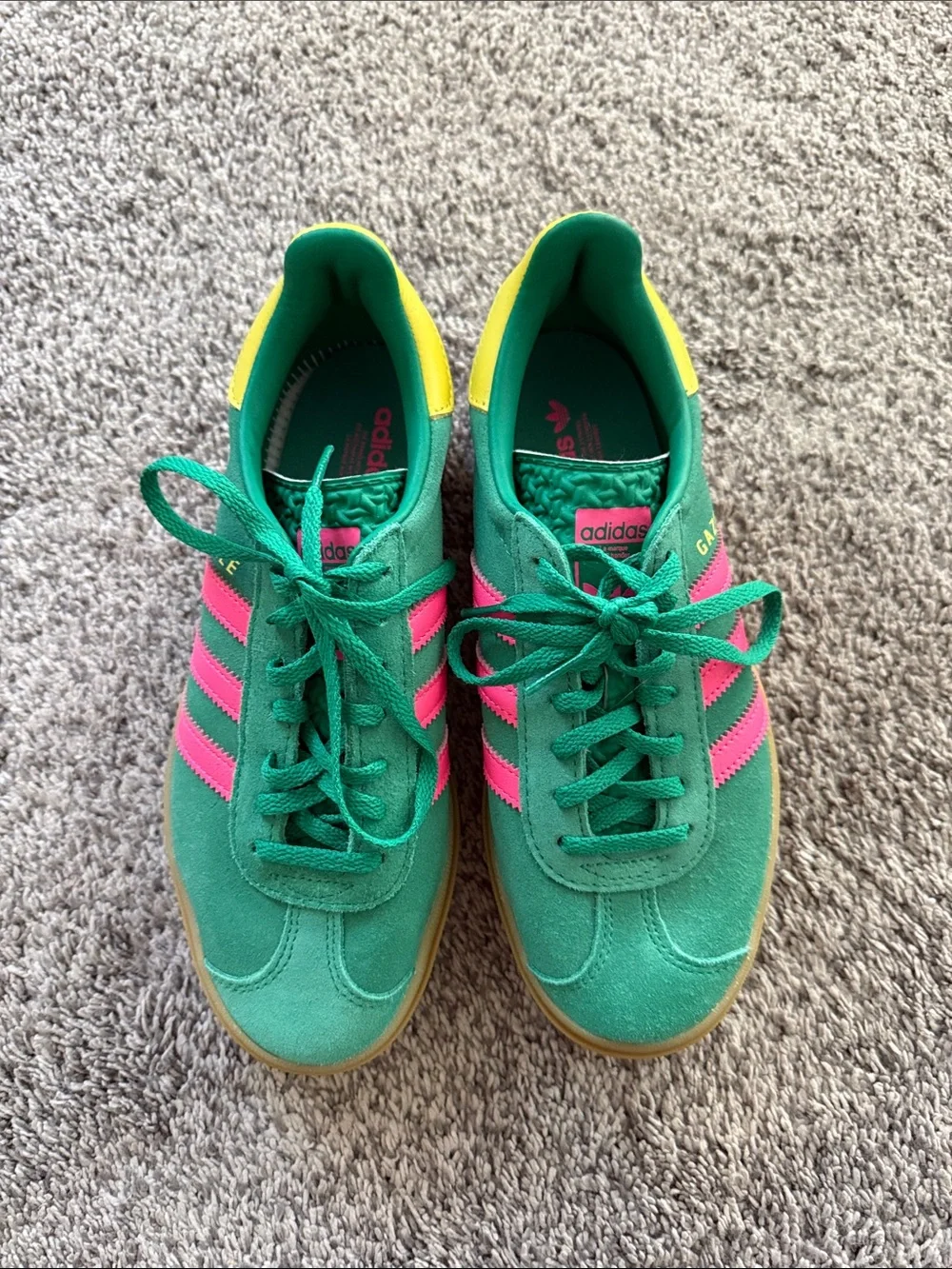 adidas Gazelle platform Sneakers in Green with Pink Stripes and Yellow Heel